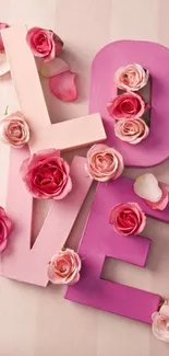 Pink LOVE letters with roses on soft background.