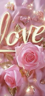 Romantic pink wallpaper with roses and golden 'Love' text.