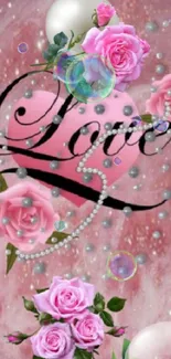 Romantic pink love wallpaper with roses and elegant details.