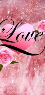 Romantic wallpaper with pink roses and 'Love' text.