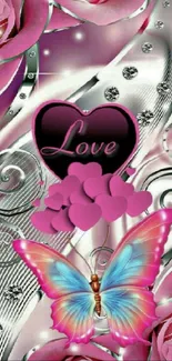 Pink love-themed wallpaper with roses and butterfly.