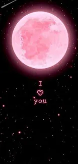 Romantic pink moon with love message on black night sky.