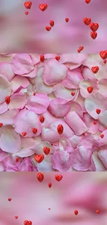 Pink rose petals with floating red hearts.