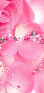 Romantic pink petals with roses and floral heart design wallpaper.