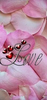 Romantic wallpaper with pink petals and red hearts spelling 'Love'.