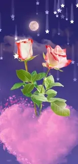 Romantic wallpaper with pink roses, heart, and a moonlit sky.