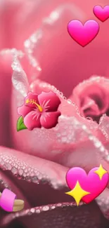 Romantic pink rose with emojis and dewdrops enhancing its appeal.