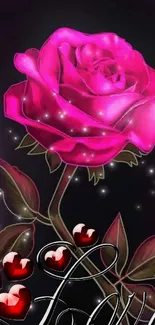 Glowing pink rose on black with love and sparkle accents.