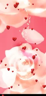 Pink rose wallpaper with floating red hearts.