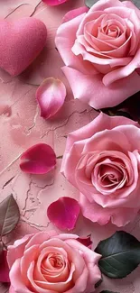 Pink roses with petals and heart on a textured surface.