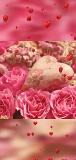 Heart surrounded by pink roses with floating red hearts.