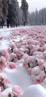 Snow-covered pink roses in a tranquil winter landscape.