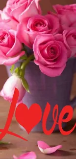 Pink roses in a purple mug with 'Love' text in red.