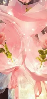 Romantic pink roses with fairy lights wallpaper.