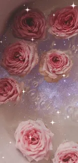 Floating pink roses on shimmering water mobile wallpaper.