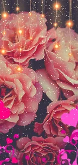 Romantic pink roses with glowing hearts and lights wallpaper.