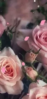 Romantic wallpaper with pink roses and floral design.