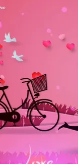 Pink silhouette wallpaper with bicycle and romantic details.