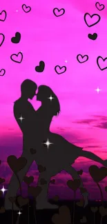 Silhouette of a romantic couple against a pink sky with heart shapes and sparkles.