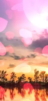 Romantic pink heart sunset with serene landscape and reflection.