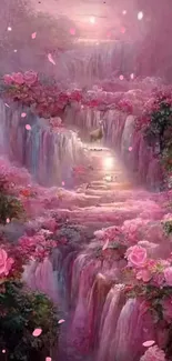 Romantic pink waterfall with roses and cascading streams.