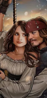 Animated pirate couple on ship with romantic sunset.