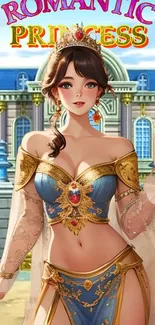 Romantic princess in a grand palace setting, vibrant and detailed.