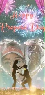 Romantic mobile wallpaper with propose day theme, fireworks, heart crystal, and couple.