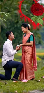 Romantic proposal in nature with a couple in traditional attire.