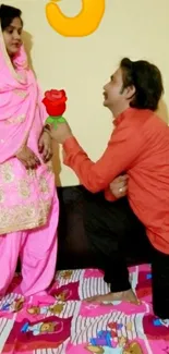 Romantic proposal scene with a vibrant pink theme.