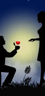 Silhouette of a romantic proposal at night under the stars.