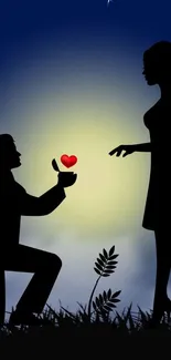 Romantic silhouette art of a proposal scene with glowing heart.