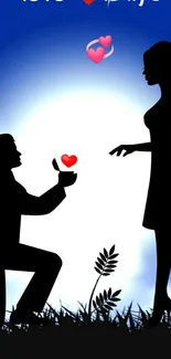 Silhouette of a proposal with a blue background and romantic elements.