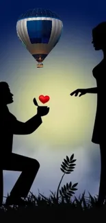 Silhouette of romantic proposal with balloon against moonlit sky.