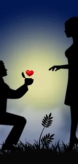 Silhouette of man proposing with heart under moonlit sky.