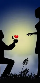 Silhouette of a romantic proposal scene in moonlight with a heart symbol.