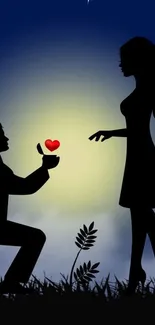 Silhouette scene of a proposal with a heart under the night sky.