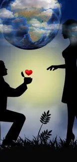 Romantic silhouette wallpaper with proposal and earth globe.