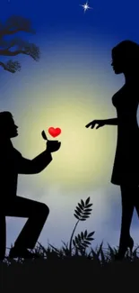 Silhouette art of a romantic proposal under a night sky.