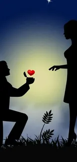 Silhouette of a romantic proposal under a moonlit night with a heart.