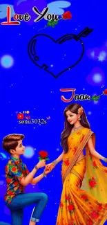 Romantic cartoon couple on blue background with love theme.