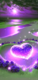 Romantic beach scene with glowing purple hearts in the sand at night.