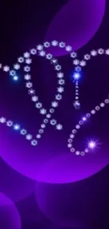 Diamond heart outlines on a glowing purple background.