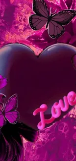Purple heart with butterflies and flowers wallpaper