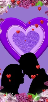 Romantic purple heart wallpaper with floral border.