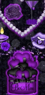 Purple themed romantic heart design wallpaper with roses and candles.