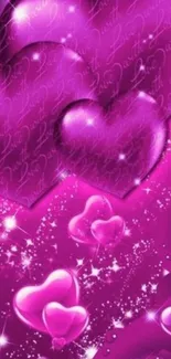 Romantic mobile wallpaper with purple hearts and sparkles.