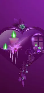 Purple heart wallpaper with candles and floral design, creating a romantic mood.