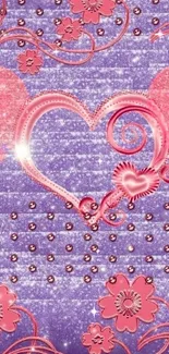 Romantic purple and pink heart wallpaper with floral designs and glitter accents.