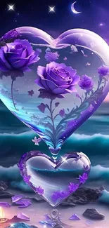 Enchanting purple rose heart with ocean background.